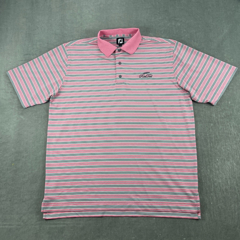 FootJoy Mens XL Pink Striped Polo Shirt Red Tail Golf Performance Short Sleeve